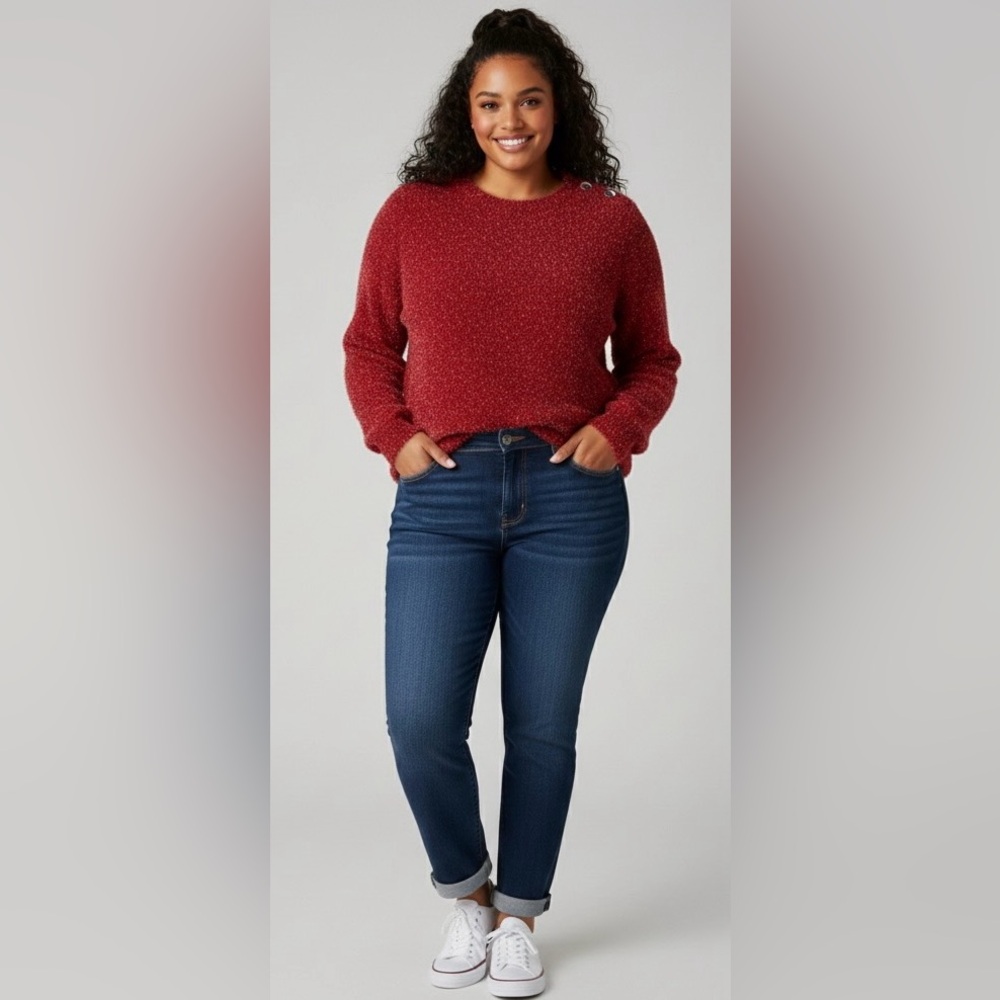JohnPaulRichard red/silver sweater, fluffy, 2 silver buttons on each shoulder, L